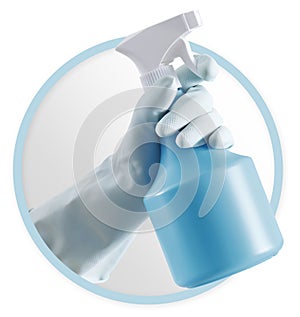 Cleaning service and products icon. Hands with gloves, rag and blue spray bottle isolated on white background, contacts