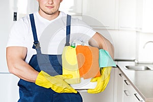 Cleaning service with professional equipment during work. professional kitchenette cleaning, sofa dry cleaning, window