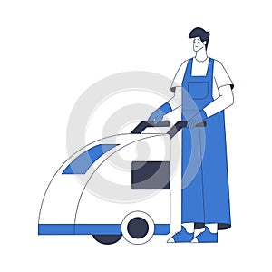 Cleaning Service with Professional Man Worker Character with Floor Scrubbing Machine Vector Illustration