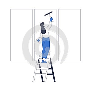 Cleaning Service with Professional Woman Worker Character Scrub Window Vector Illustration