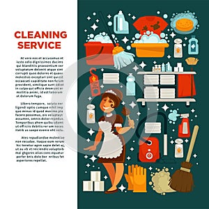 Cleaning service promotional poster with maid in uniform and text