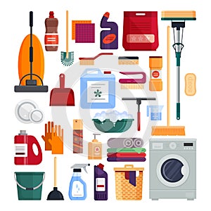 Cleaning service. Set house cleaning tools isolated on white background. Detergent and disinfectant products, household