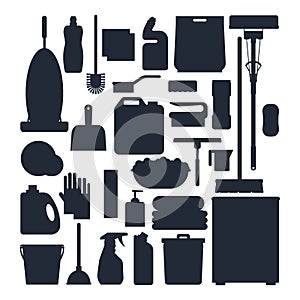 Cleaning service silhouettes. Set house cleaning tools, detergent and disinfectant products, household equipment for