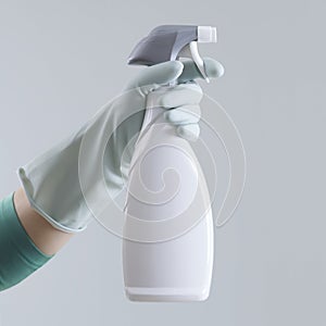 Cleaning service and solutions. Hand with glove and spray bottle  on background. Search cleaning company for a quote and