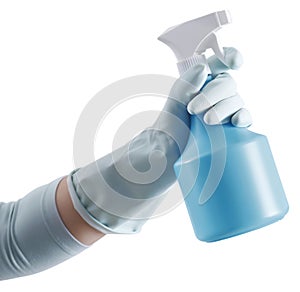 Cleaning service and solutions. Hand with glove and spray bottle isolated on white background. Search cleaning company for a quote