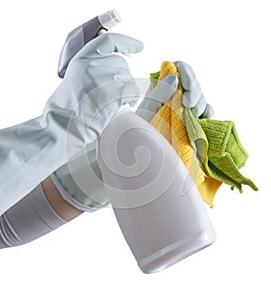 Cleaning service and solutions. Hands with gloves, rags and spray bottle isolated on white background, search cleaning company on