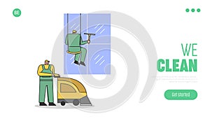 Cleaning Service And Staff Concept. Website Landing Page. Men Cleaning Facade Windows Of Skyscraper And Floor