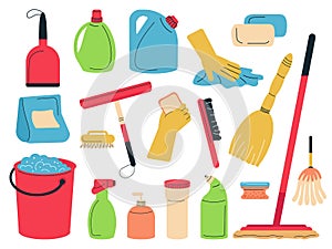 Cleaning service supplies. Tools for clean and wash, house accessories. Broom and dustpan, doodle bucket with soap foam
