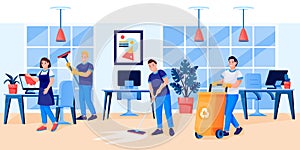 Cleaning service team cleans office. Vector illustration. Men women professional workers wash windows, cleaning garbage