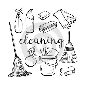 Cleaning service tools isolated on white background