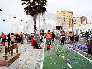 Cleaning service of the town hall after the carnival of capital cadiz, andalusia. Spain on March 3, 2019