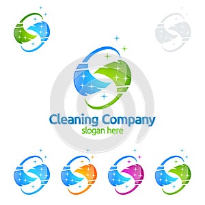 Cleaning Service vector Logo design, Eco Friendly with shiny broom and circle Concept isolated on white Background