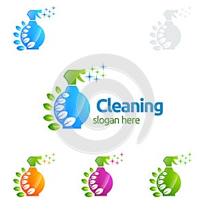 House Cleaning Vector Logo Design, Eco Friendly with shiny spray Concept isolated on white Background