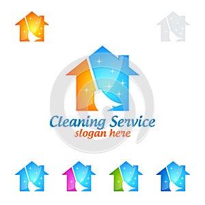 House Cleaning Vector Logo Design, Eco Friendly with shiny glass brush and spray Concept isolated on white Background