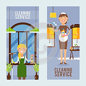 Cleaning service vertical banner, vector illustration. Professional cleanup of home and office, smiling women with