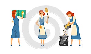 Cleaning Service with Woman in Apron Working Discard Rubbish and Dusting Vector Set