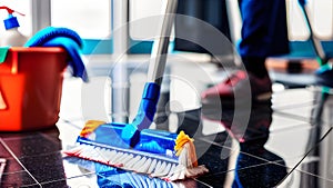 Cleaning service worker cleaning a shiny, reflective tile floor with a brush and bucket with cloths