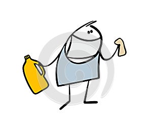 Cleaning service worker holds a plastic bottle with chemical cleaning liquid and a rag. Vector illustration of stickman