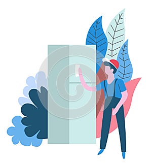 Cleaning service worker wiping refrigerator housekeeping isolated abstract icon