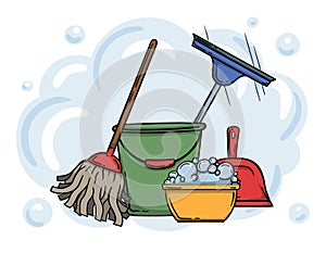 Cleaning services concept. Editable illustration with buckets and mop. Advertising of home and office cleaning services