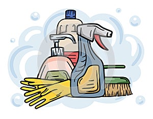 Cleaning services concept. Editable illustration with detergent and brush. Advertising of home, office cleaning services