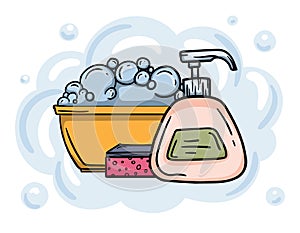 Cleaning services concept. Editable illustration with liquid soap, sponge. Advertising of home, office cleaning services