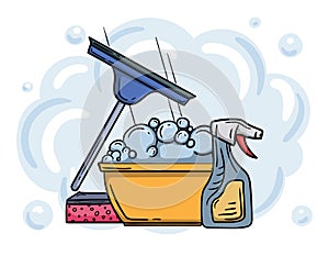 Cleaning services concept. Editable illustration of window cleaning. Advertising of home and office cleaning services