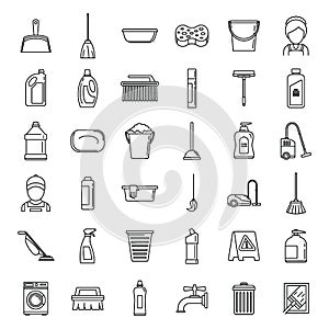 Cleaning services equipment icons set, outline style