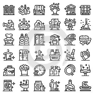 Cleaning services icons set, outline style