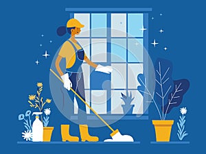 Cleaning services vector illustration. Professional Cleaning and Housekeeping Services - window cleaning