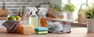 Cleaning set with products and tools on kitchen table