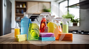 Cleaning set with products and tools on kitchen table. Cleaning services