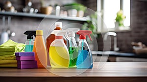 Cleaning set with products and tools on kitchen table. Cleaning services