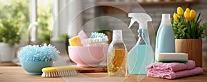 Cleaning set with products and tools on kitchen table