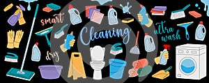 Cleaning set. Toilet bowl, washing machine, floor mop, bucket, plunger, scoop, sponges, washcloths, brushes