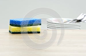 Cleaning sponges and dishes in a kitchen