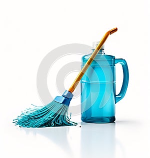 Cleaning spray bottle and broom isolated on white background.