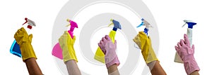 Cleaning spray bottles on gloved hands isolated against white background