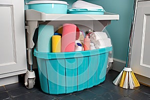 cleaning supplies bin overflowing with rollers, mops, sponges and towels