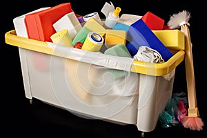 cleaning supplies bin overflowing with rollers, mops, sponges and towels
