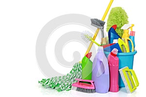 Cleaning supplies in bucket