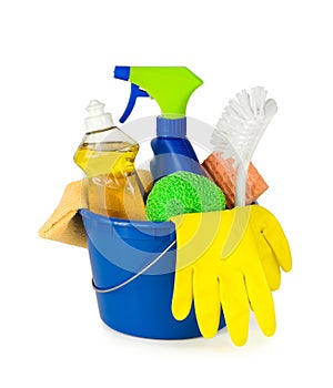 Cleaning supplies in a bucket
