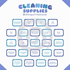 Cleaning Supplies Colorful Bilingual Flashcards Vector Set