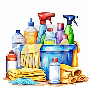 Cleaning supplies in colorfull plastic packaging