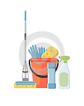 Cleaning supplies in flat cartoon style vector illustration isolated on white background.