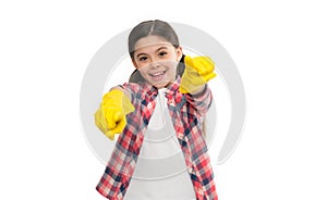 Cleaning supplies. Girl rubber gloves for cleaning white background. Teach kid appreciate cleanliness. Cleaning day