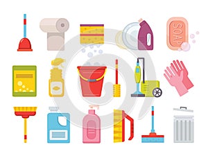 Cleaning supplies. Home clean tools. Brush, bucket window wipes and chemicals tool vector isolated set