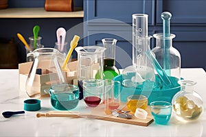 cleaning supplies that look like they belong in a science lab, with beakers, test tubes and microscopes