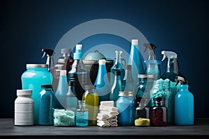 Cleaning supplies neatly arranged on white surface, blue gradient background, ample whitespace