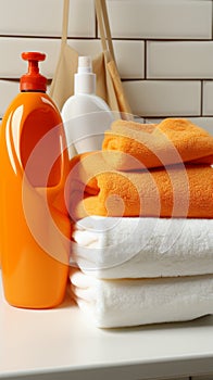 Cleaning supplies Orange liquid washing powder with neatly folded towels on shelf